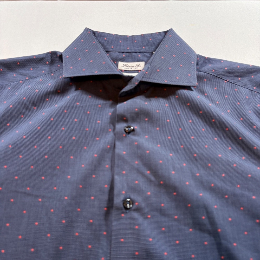 Linea In Dress Shirt Mens‎ 16.5 36 Navy Blue Red Dot Made in Italy Easy Care L/S